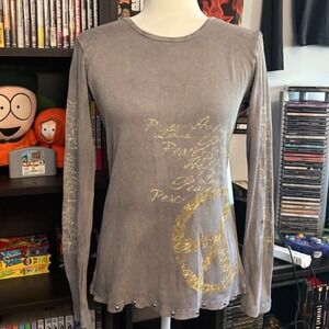 Sledge USA Womens Grey Waffle Knit Thermal Peace Sign Graphic Top Studded Medium